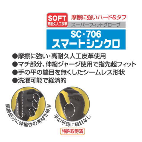 富士グローブ SC-706スマートシンクロ(10双)・新感覚スーパーフィットグローブ・高耐久人工皮革を使用！