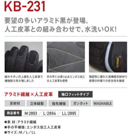 アラミド人工皮革黒手袋 PROHANDS KB-231 災害救助用手袋 ブラック 指先補強＆洗濯可能 プロハンズ