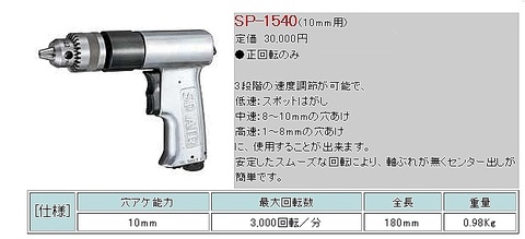 エス･ピー･エアー(信濃空圧) SP-1540 エアードリル 10.0mm用 代引発送不可 全国送料無料 税込特価
