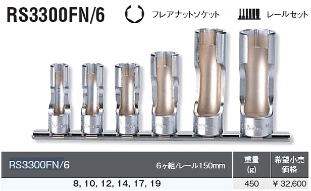 コーケン 3/8(9.5mm)SQ. フレアナットソケットレールセット 6ヶ組 RS3300FN/6｜内装用品