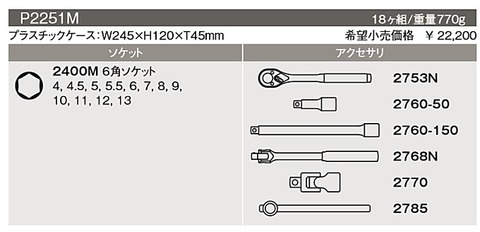 コーケン(Ko-ken) P2251M-6P ソケットセット １/４”(6.35mm)sq 18ヶ組 代引発送不可 税込特価