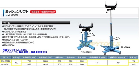 在庫有 ML-800N 長崎ジャッキ ミッションリフト 軽自動車～普通乗用車向け インボイス制度対応 代引発送不可 条件付送料無料 税込特価