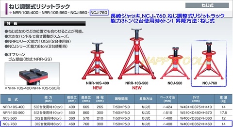 在庫有 NCJ-760 長崎ジャッキ ねじ調整式リジットラック 能力3トン(2台使用時6トン) インボイス制度対応 代引発送不可 条件付送料無料 税込特価