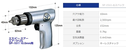 SP-1511 エス・ピー・エアー(SP AIR) エアードリル 10.0mm用 在庫有 代引発送不可 税込特価