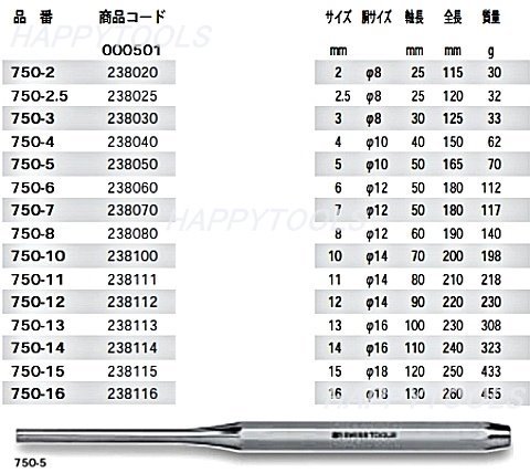 PB 750BCN 平行ピンポンチ6本セット ＜ ハッピーツール 自動車用機械