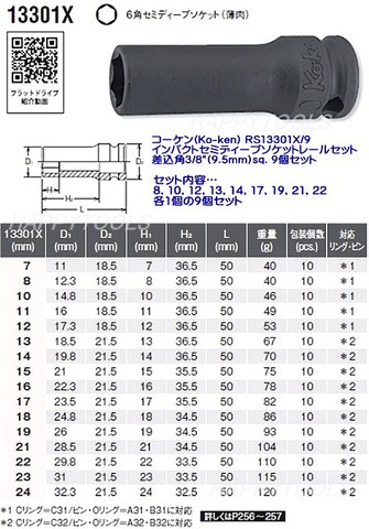 在庫有 コーケン(Ko-ken) RS13301X/9 インパクトセミディープソケットレールセット 差込角3 /8”(9.5mm)sq. 9個セット 代引発送不可 税込特価