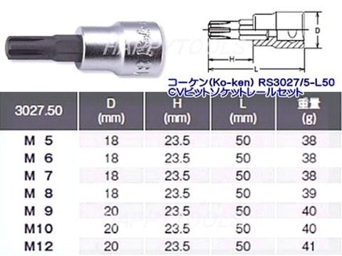 在庫有 コーケン(Ko-ken) RS3027/5-L50 CVビットソケットレールセット 差込角3 /8”(9.5mm)sq. 9個セット 代引発送不可 税込特価