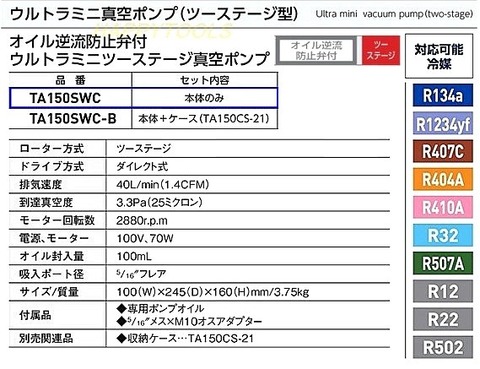 在庫有 TASCO TA124YF 冷媒HFO-1234yfカーエアコン用ガスチャージセットとTA150SWC 真空ポンプのセット TA159YF-2 真空ポンプアダプター付 条件付送料無料 税込特価