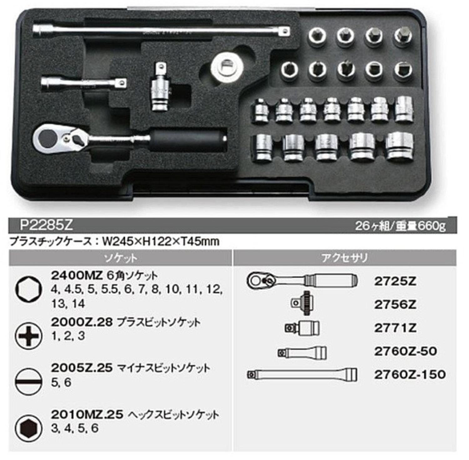 在庫有 P2285Z コーケン(Ko-ken) Z-EALシリーズ ソケットレンチセット 1/4in(6.35mm) インボイス制度対応 代引発送不可 全国送料無料 税込特価