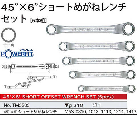 在庫有 KTC TM5S05 45°×6°ショートメガネレンチセット5本組 ミリサイズ インボイス制度対応 代引発送不可 全国送料無料 税込特価