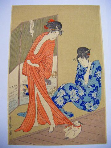 大正 昭和初 浮世絵 春画『歌麿 裸婦 彩色 木版』猫 ＜ 紙の蔵｜AntiquePapers&BooksShop｜