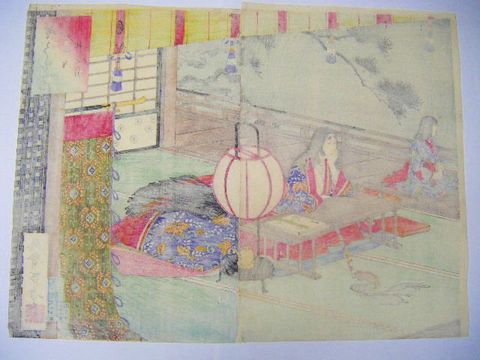 明治初 浮世絵 美人 年方『雪月花 石山寺 秋之月 ２枚続』 