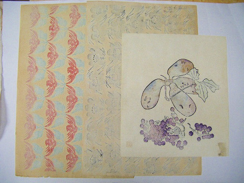 昭和初　浮世絵　美術「下澤木鉢郎　通草と山形葡萄　等　彩色　木版　３点一括」
