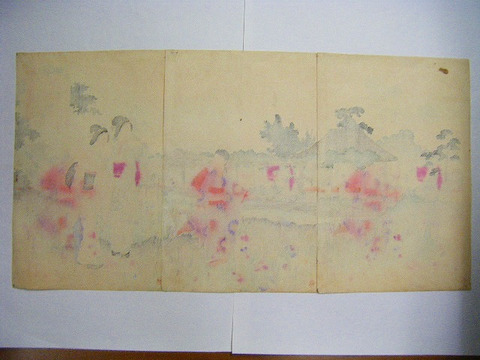 明治　浮世絵　年方「美人　吉野国　花菖蒲　３枚組」奈良　彩色　木版画