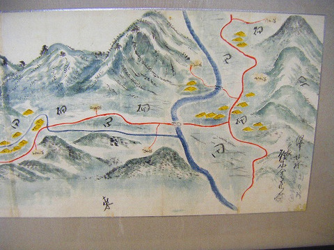 明治初　公文書　古文書　地図　鳥瞰「秋田　北秋田　澤口村　彩色　絵図」額装