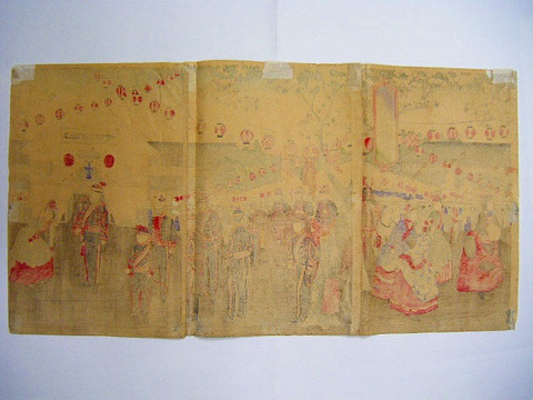 明治　浮世絵　幾英　第三回「勧業　博覧会　御遊覧之図　３枚組」彩色　木版画