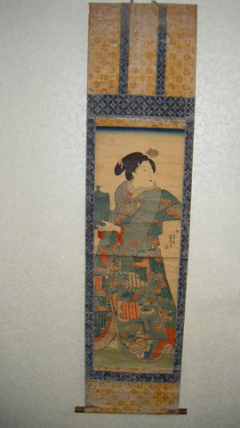 江戸 浮世絵 国芳「美人 堅二枚組」彩色 木版画 掛け軸