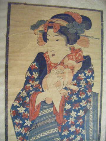 江戸 浮世絵 英泉「美人 と 猫  （仮）堅二枚組」彩色 木版画 額付き