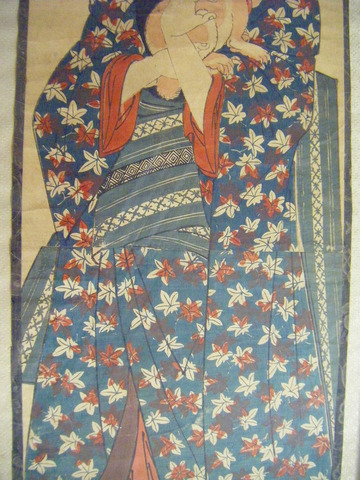江戸 浮世絵 英泉「美人 と 猫  （仮）堅二枚組」彩色 木版画 額付き