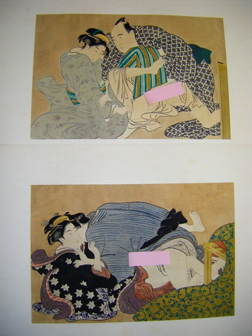 江戸 浮世絵 枕絵 春画 大判「好色 落毛譜 １２点揃い」彩色 木版 ukiyoe shunga 帙付き