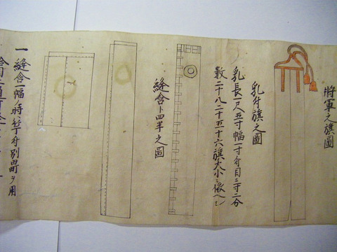 江戸 初期 貞享 古文書 将軍 武家 兵術 武術 武士 「兵法 雄鑑鈔兵 貝之巻 旗之巻」彩色 巻物 和紙 肉筆