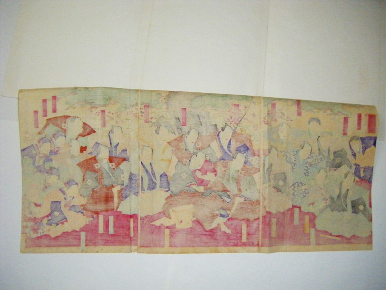 明治 初期 浮世絵 国周 俳優 番付 歌舞伎「千歳座 初始之図 3枚組」ukiyoe 彩色 木版画