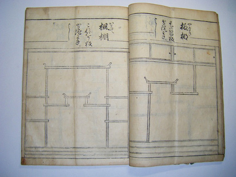 江戸 初期 万治 元年 秘伝 建築 武士「新編 武家 雛形 目録 通棚之事 上げ土門之事 2冊」絵入 多数 絵本 浮世絵 木版画