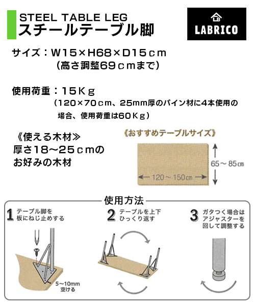 WTK-1 黒 2本セット LABRICO ラブリコ スチールテーブル脚 幅15cm×奥行