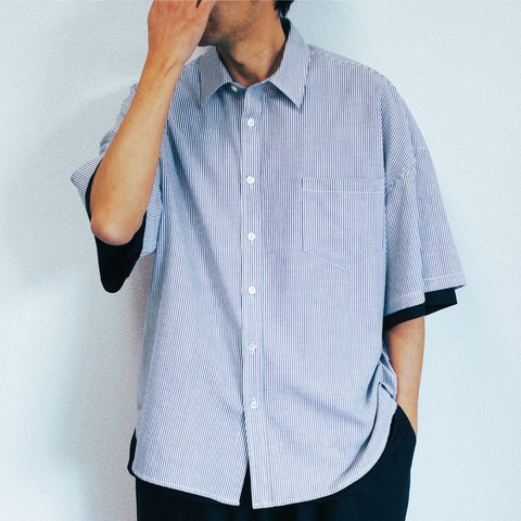 【LiSS】OVER SIZE STRIPE HALF SLEEVE SHIRTS