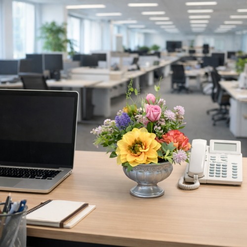 光触媒造花フラワーアレンジの設置イメージ画像（オフィスのデスク）
