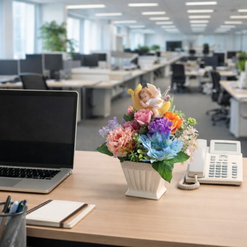 光触媒造花フラワーアレンジの設置イメージ画像（オフィスのデスク）