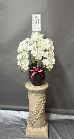 名札付きの光触媒造花胡蝶蘭(type3)M3本立ち(白)・石柱タイプ花台付きのイメージ画像