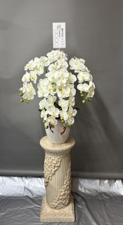 名札付きの光触媒造花胡蝶蘭（type3）M５本立ち（白）・石柱タイプ花台付きのイメージ画像