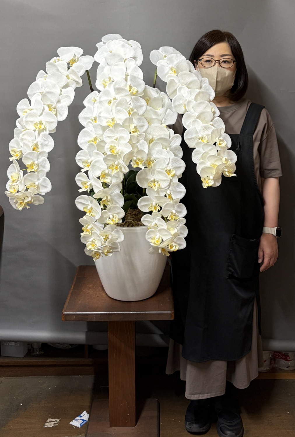 身長158ｃｍのモデルと95ｃｍの光触媒造花胡蝶蘭type5ロング・ラージ5本立ち