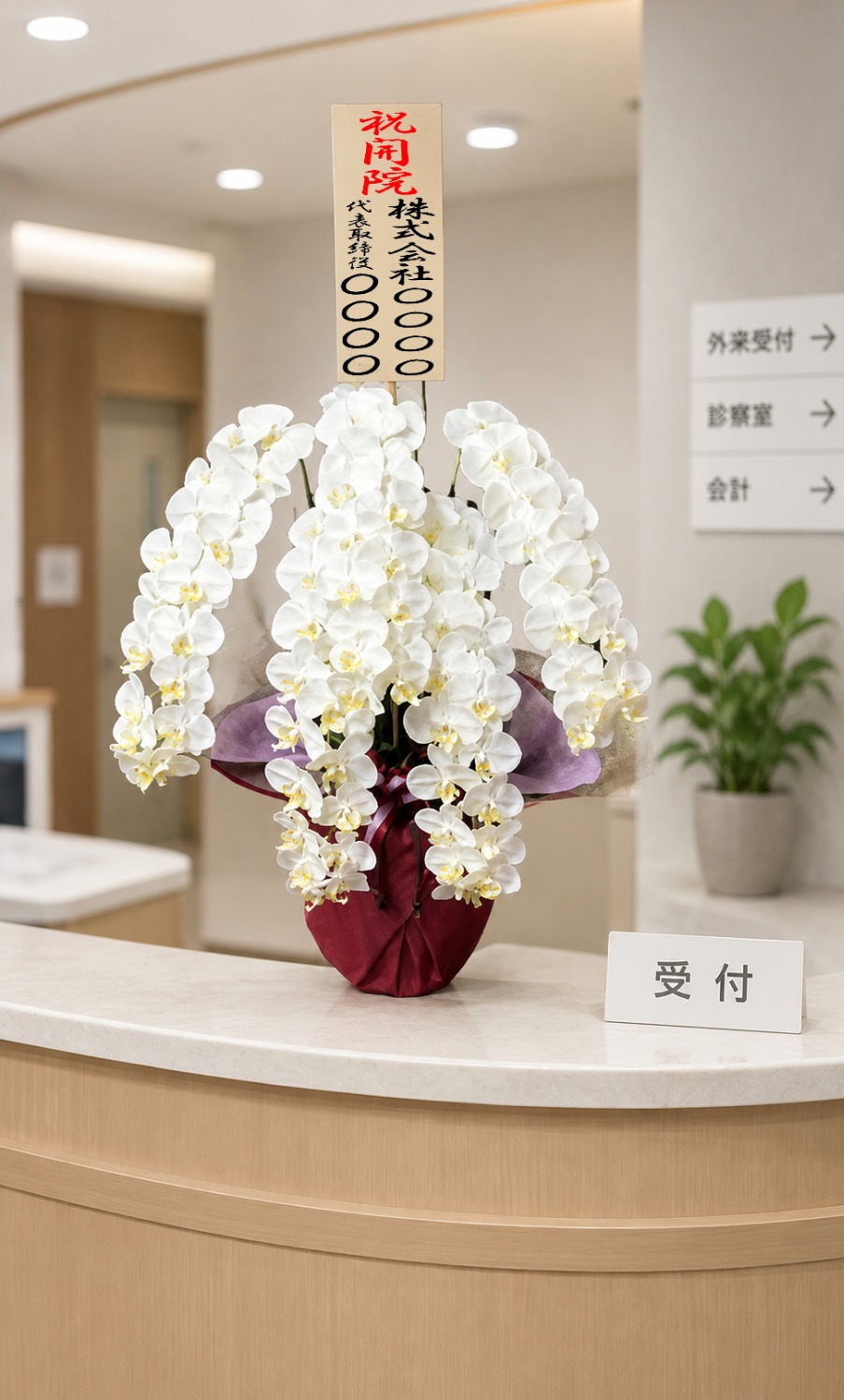 開院祝の立札を付けた光触媒造花胡蝶蘭type5ロング・ラージ5本立ち（白）の設置イメージ画像（病院の受付）