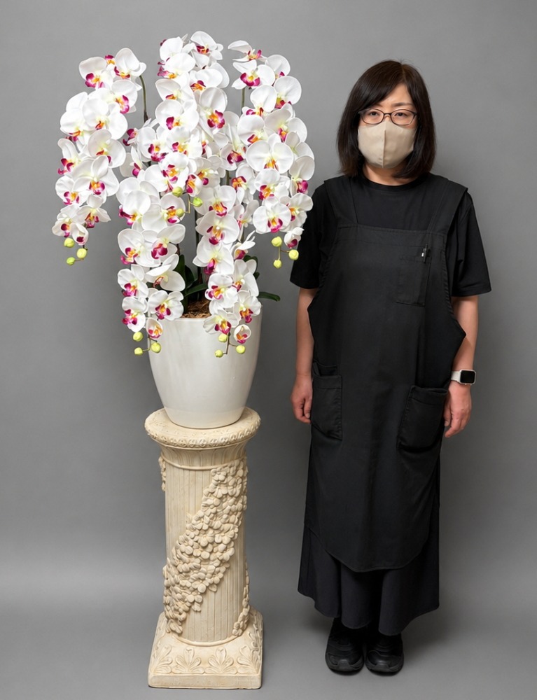 身長158cmのモデルと165cmの光触媒造花胡蝶蘭5本立ち・石柱タイプ花台付き