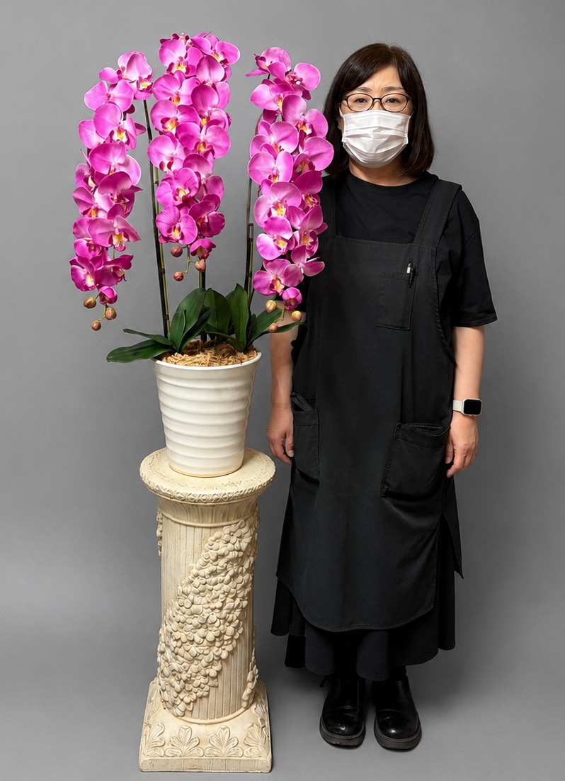 身長158cmのモデルと160cmの光触媒造花胡蝶蘭(type2)ピンク3本立ち・石柱タイプ花台付き