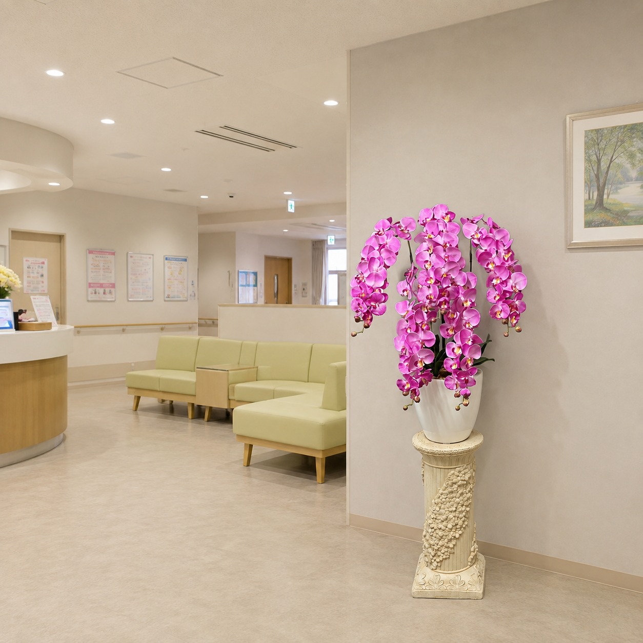 光触媒造花胡蝶蘭type2・ラージ5本立ち(ピンク)・石柱花台の設置イメージ画像(病院の待合室)