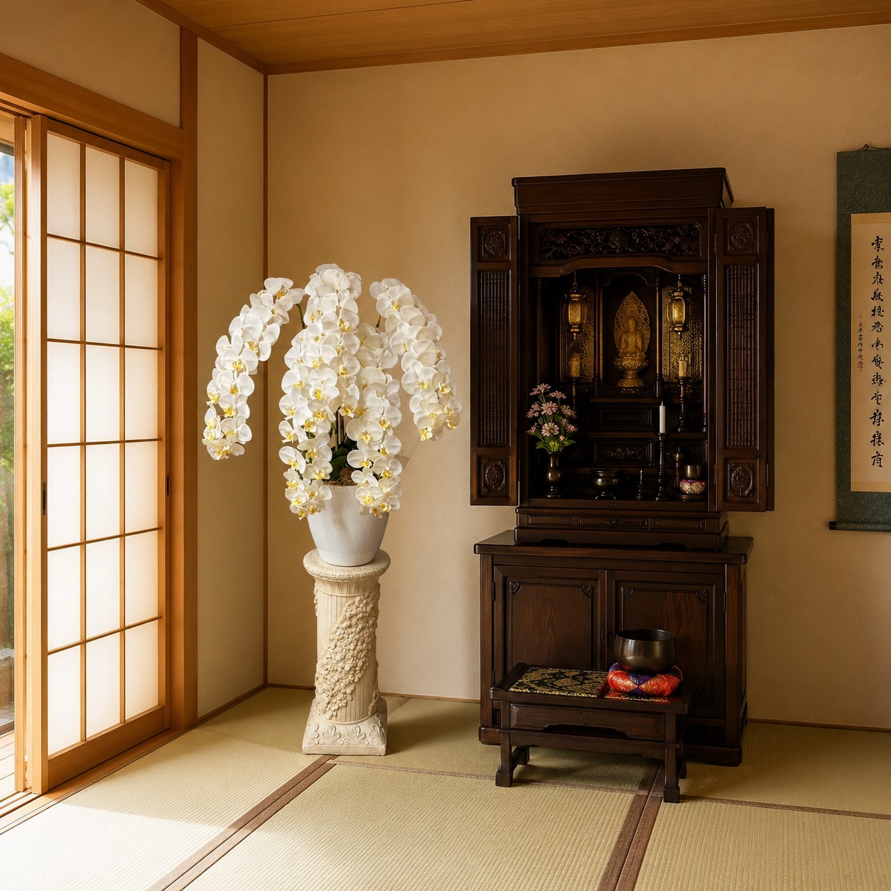 光触媒造花胡蝶蘭type5ロング・ラージ5本立ち(白)・石柱花台の設置イメージ画像(お仏壇横)