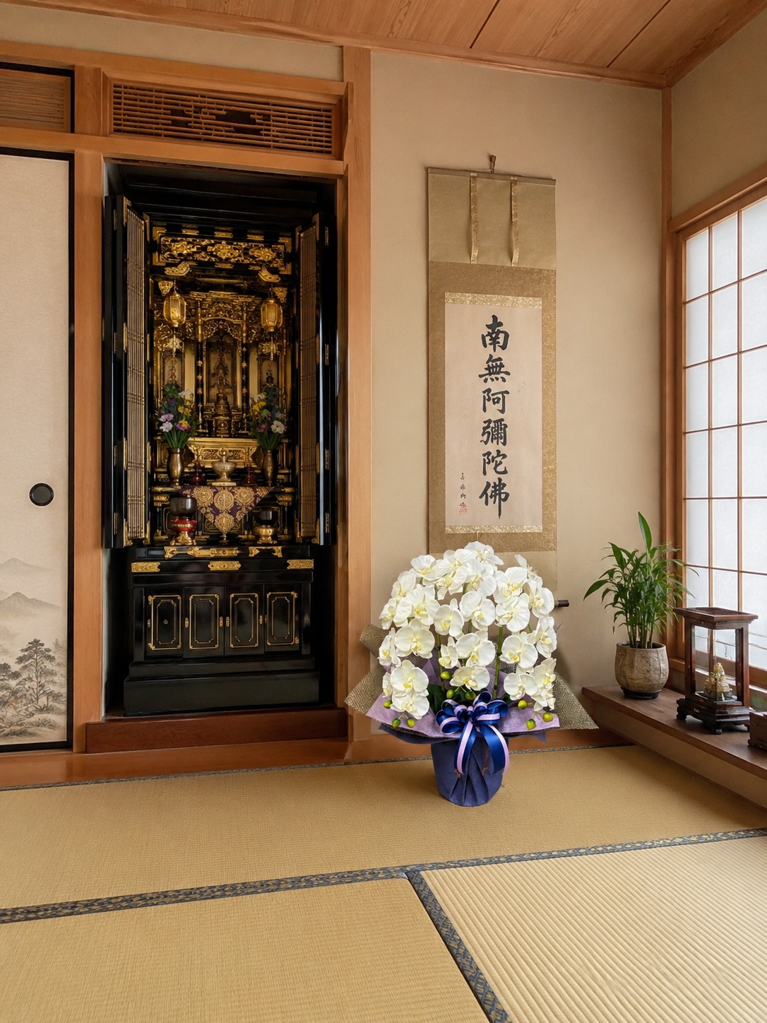 光触媒造花胡蝶蘭type3・M3本立ち(白)の設置イメージ画像(お仏壇横)