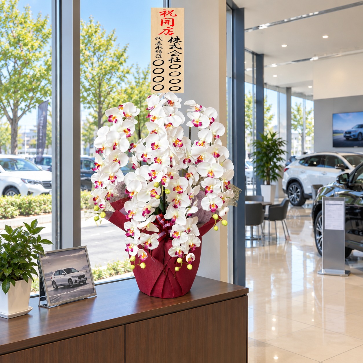 開店祝いの立札付き光触媒造花胡蝶蘭type2ラージ5本立ち（赤リップ）の設置イメージ画像（カーディーラーのショールーム）