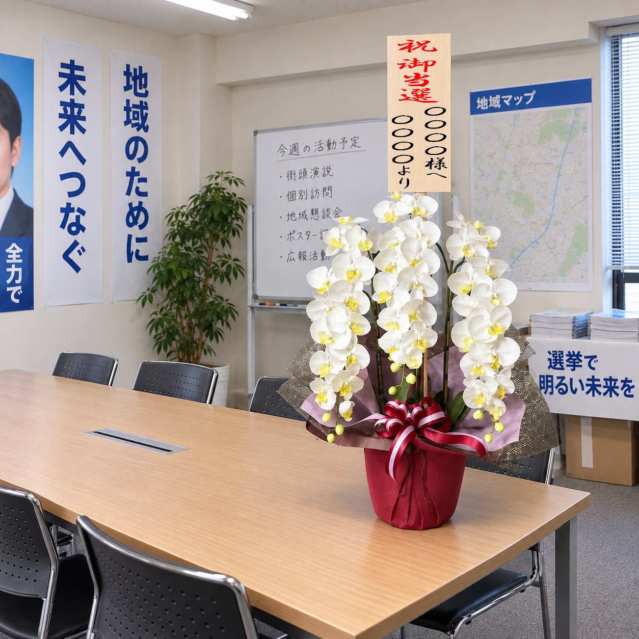 当選祝の立札を付けた光触媒造花胡蝶蘭type2・ラージ3本立ち(白)の設置イメージ画像(選挙事務所)