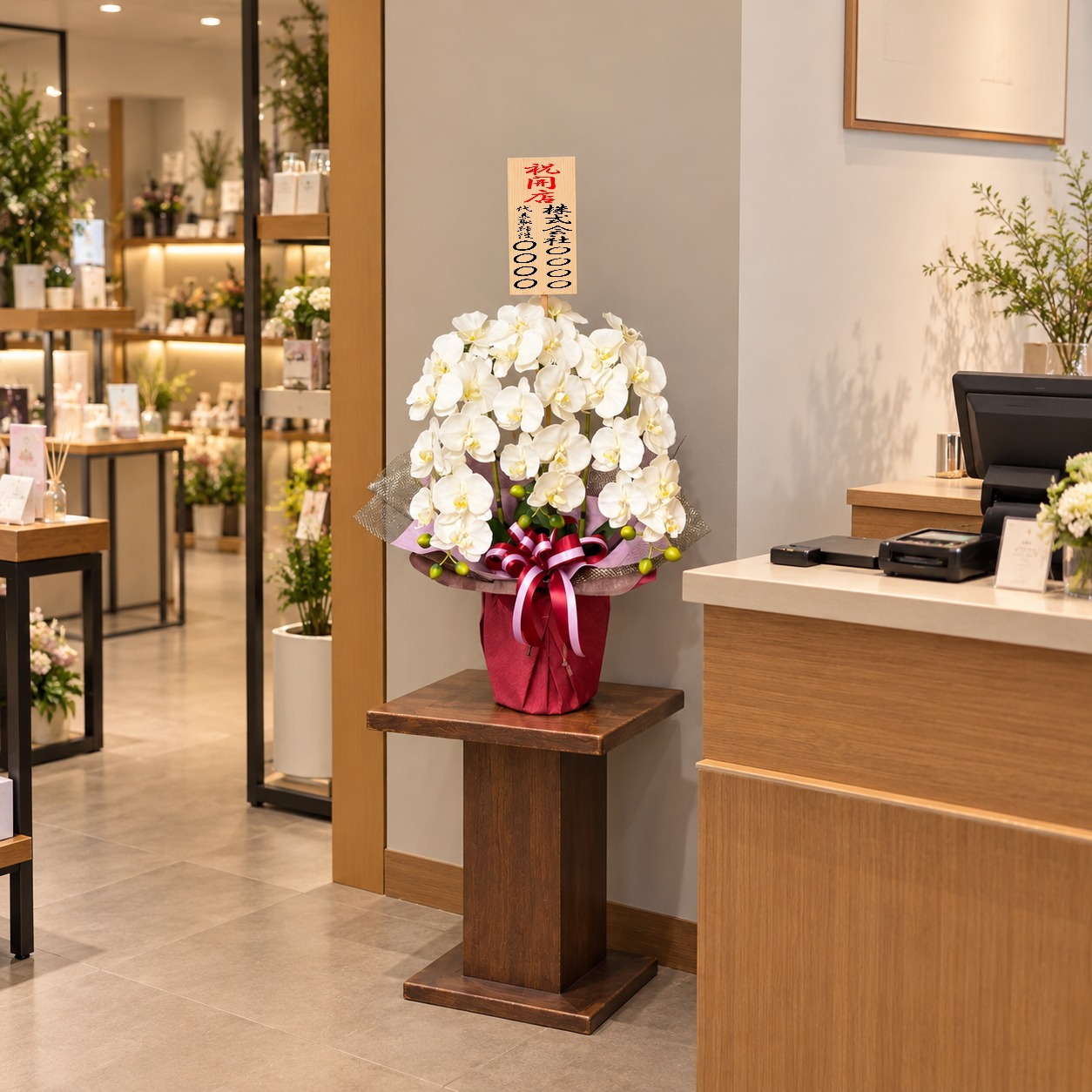 開店祝の8寸立札を付けた光触媒造花胡蝶蘭type3・M3本立ち（白）・ホワイト化粧鉢W26の設置イメージ画像（店舗のレジ横）