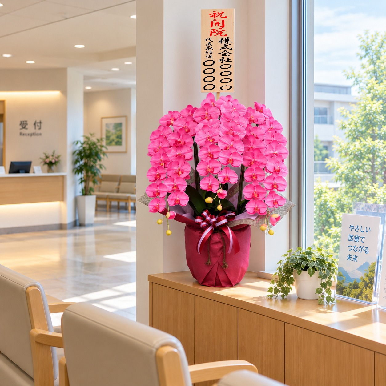 開院祝の立札を付けた光触媒造花胡蝶蘭・特大輪3本立ち・ピンク・ホワイト化粧鉢を病因の待合室に設置したイメージ画像