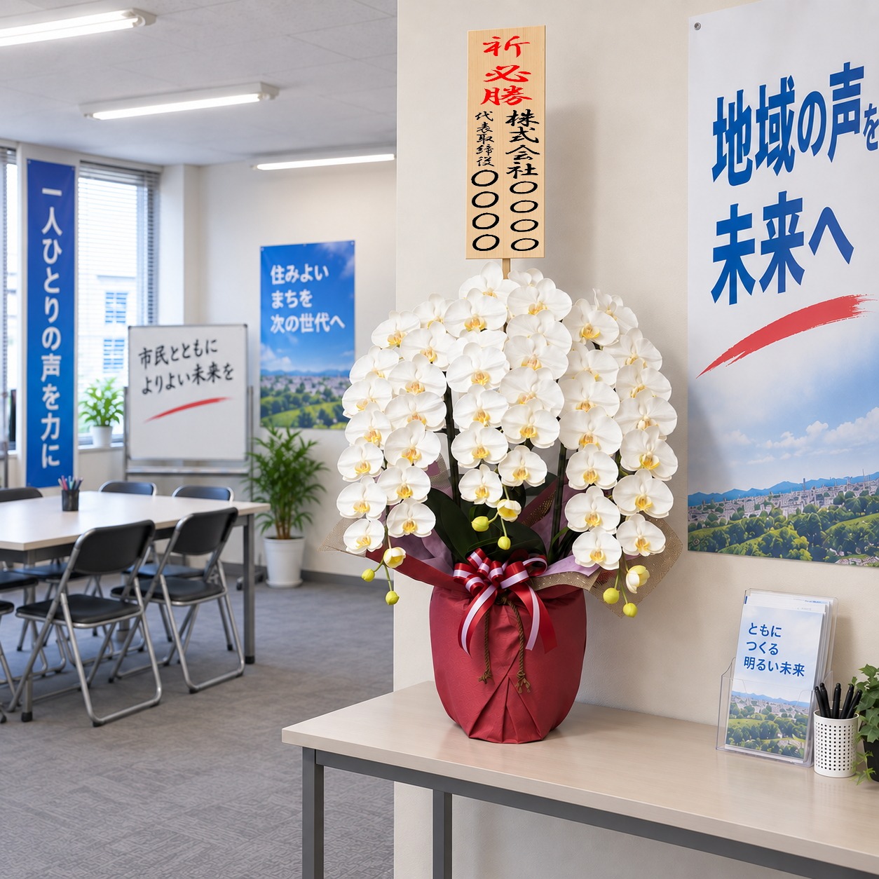 必勝祈願の立札を付けた光触媒造花胡蝶蘭・特大輪3本立ち(白)・ホワイト化粧鉢を選挙事務所に設置したイメージ画像