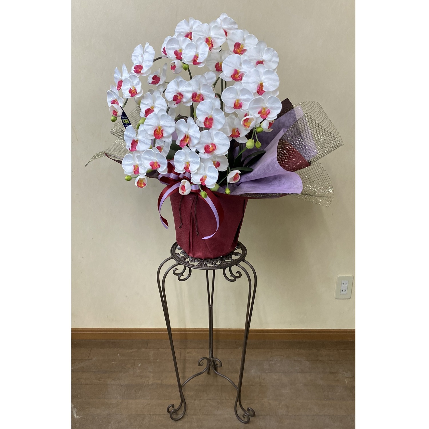 光触媒 造花 胡蝶蘭 中型 白赤 5本立ち 花台 アイアン | 移転祝い 開店祝い 法人ギフト販売のアンジェリック
