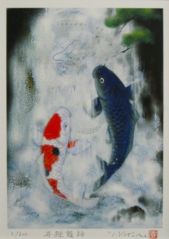 滝に浮かぶ龍神の姿と夫婦鯉滝昇り オリジナル開運版画 YZKTR 昇鯉龍神