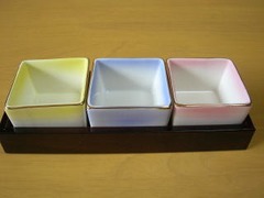 中国製　木製盆付き角珍味鉢