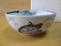 陶器　九谷焼　万年窯　茶碗　龍　染付　手描き